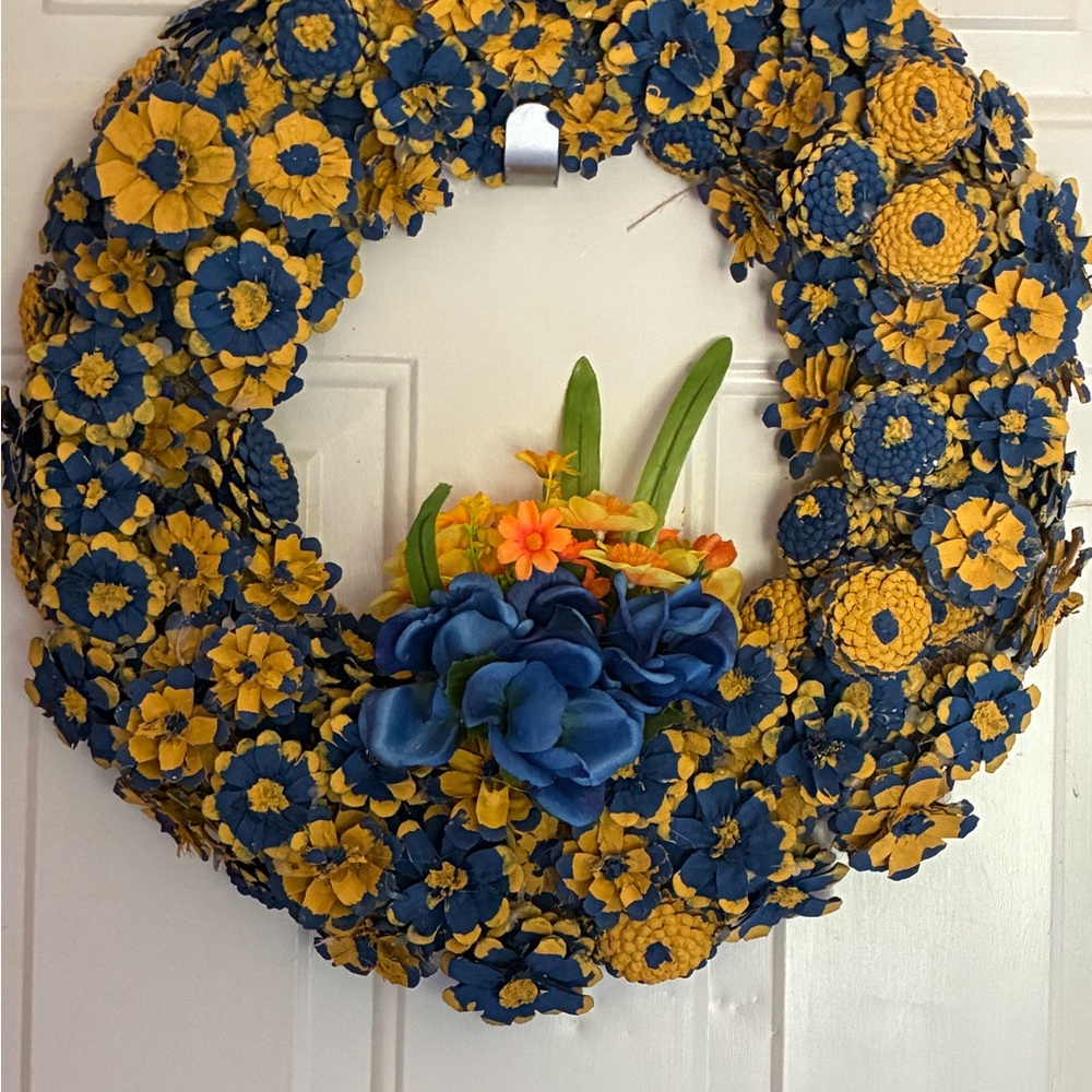 Blue and Yellow Floral Pinecone  Wreath